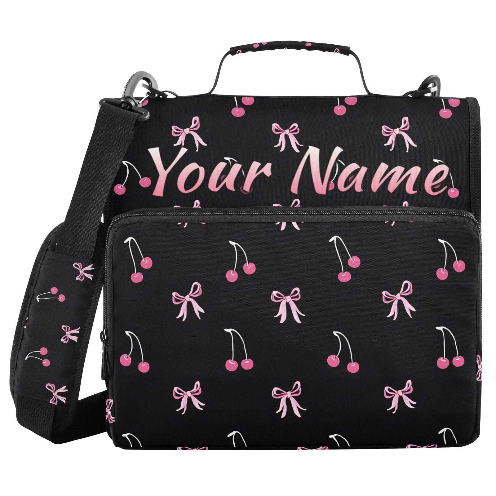 Custom 3 Ring Zipper Binder Black Pink Bow Cherry Personalized Name 1.5 Inch Binders Large Capacity Multi Pockets for School Office Supplies