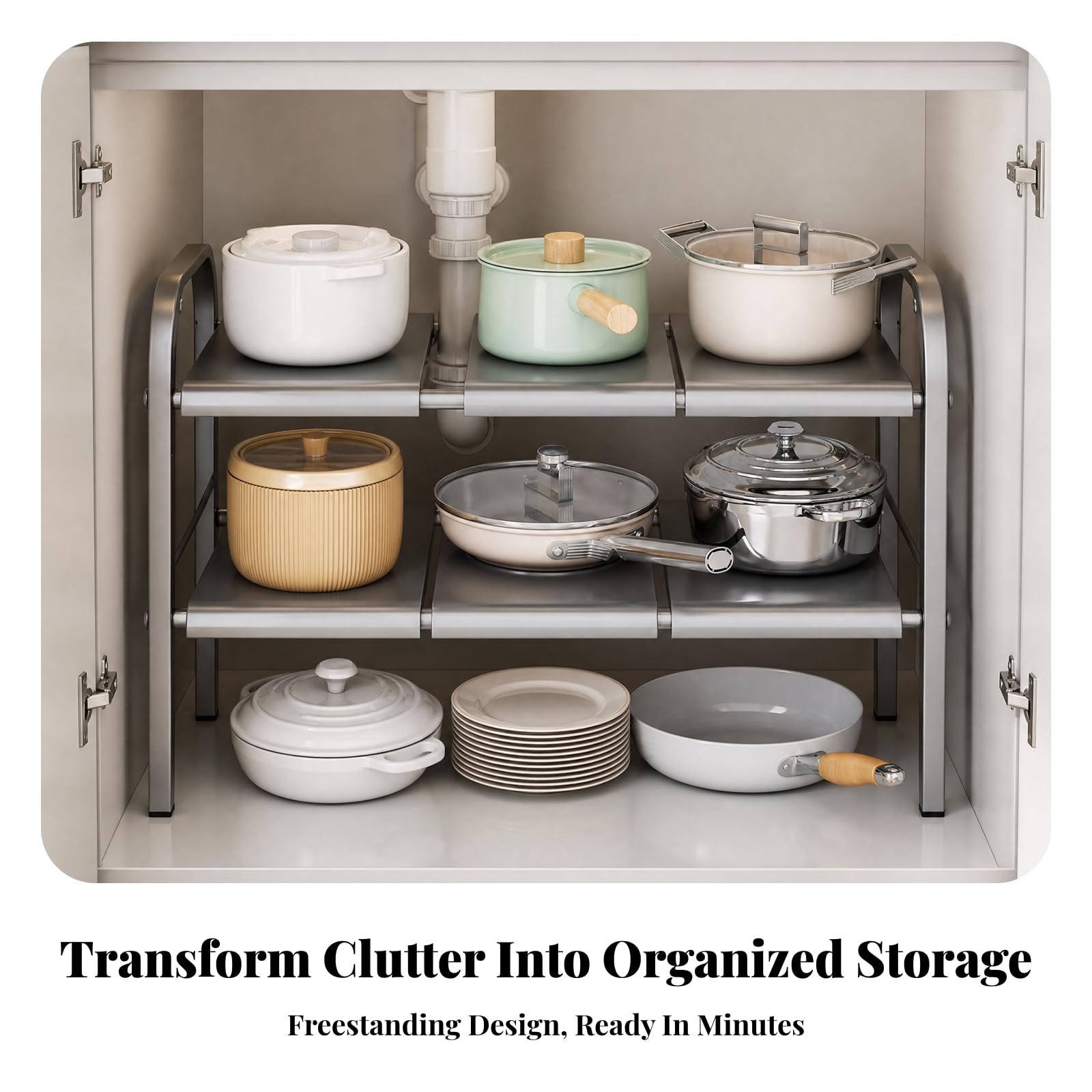 Organizer Estensibile a 2 Livelli Modulare Organizer sotto Lavello Regolabile Pentole con Ripiani Regolabili per Interno Armadio, Grigio
