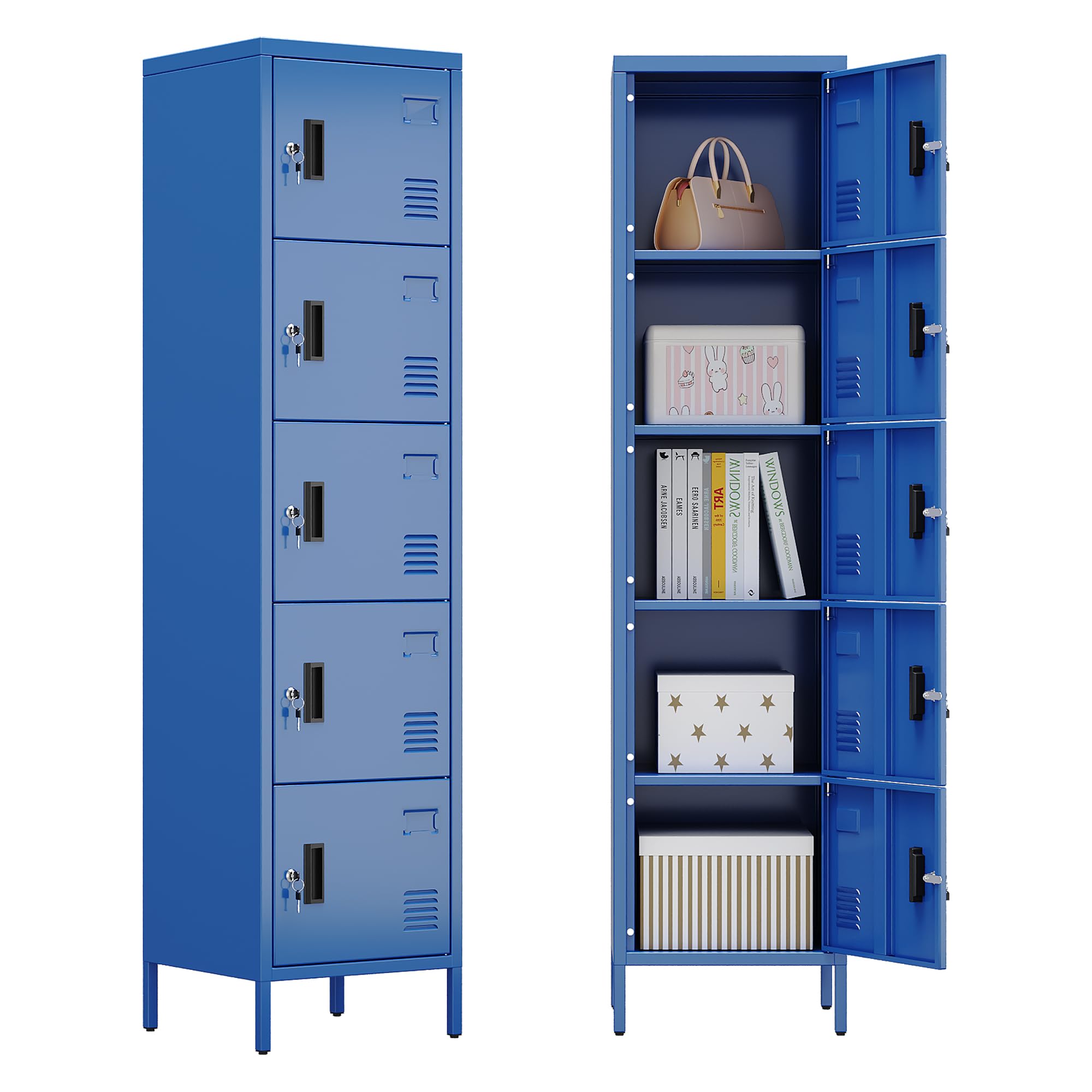 METAN Metal Storage Employees Locker with 5 Lockable Doors,Locking Storage Cabinets for Small Spaces,Home,School,Gym,Assembly Required,Blue
