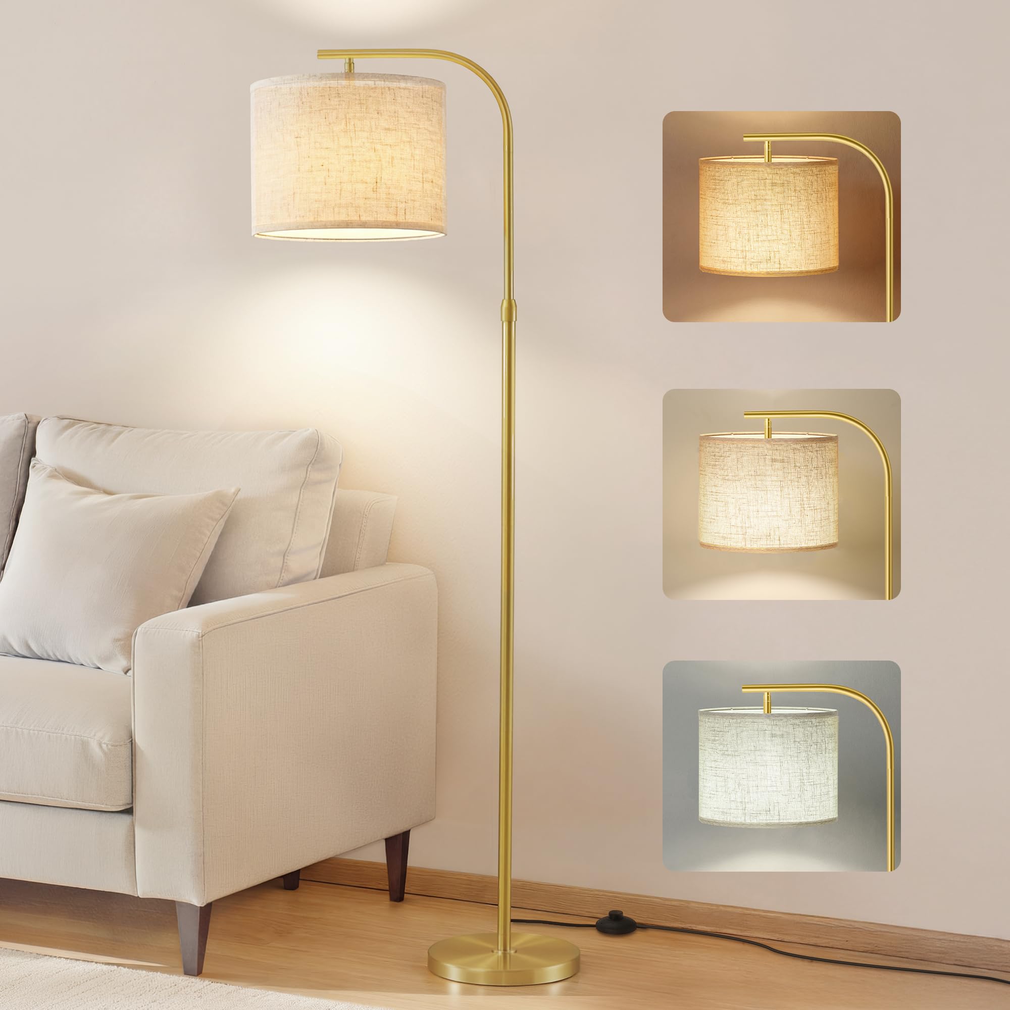 VASAGLE Stehleuchte, Bogenlampe, Stehlampe, höhenverstellbare Leselampe, 150-175 cm hoch, modern, mit Fußtaster, Lampenschirm aus Stoff, E27 Fassung, blassgold LFL006AB02