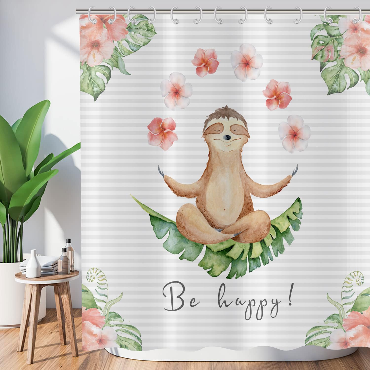 ASDCXZ Funny Shower Curtain 180x220 cm, Funny Tree Otter Be Happy Yoga Rose Flowers Green Tropical Leaves Washable Shower Curtains Polyester Textile Waterproof Bath Curtain for Bathtub with 12 Hooks โ image 1