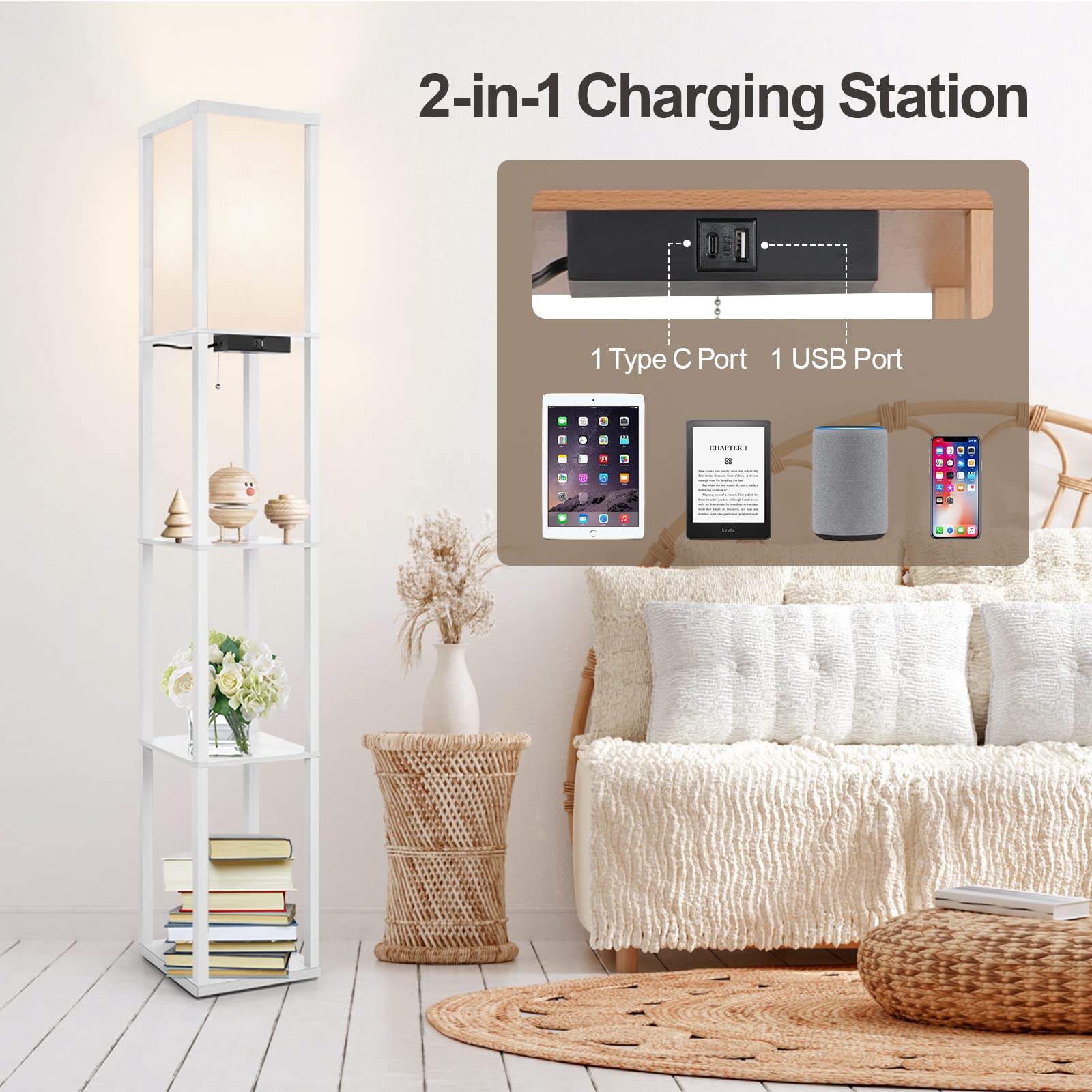 OUTON Lampadaire LED avec Étagères, Dimmable, Télécommande, 4 Températures, USB, Blanc