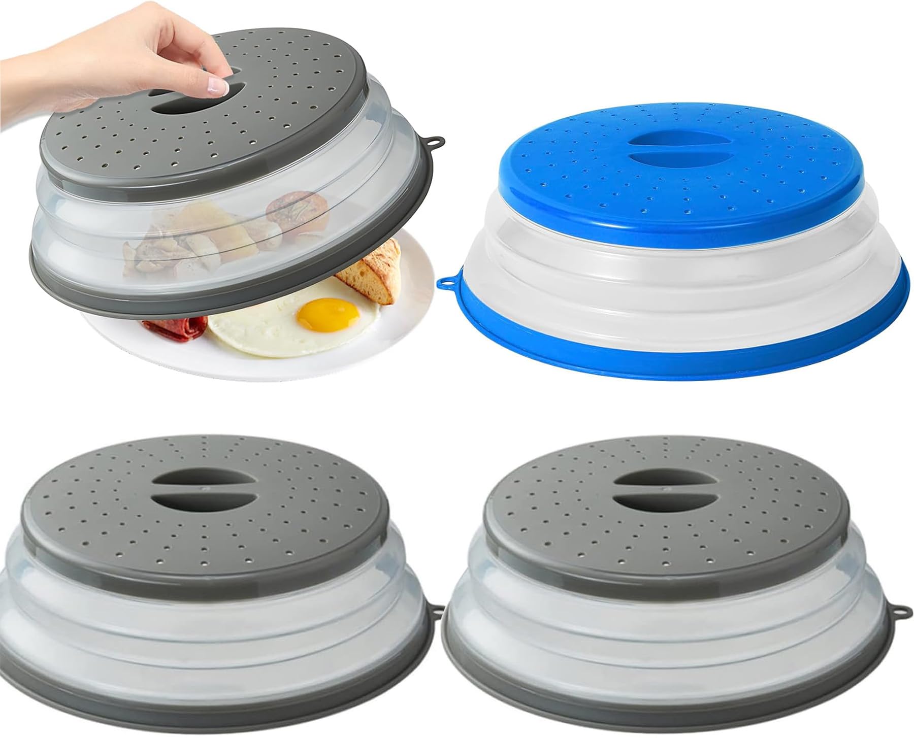Tapa para Microondas Plegable, 3pcs Colador Plegable para Microondas Cubierta de Alimentos de Microondas Cubierta para Plato de Microondas Silicona para Colar Enjuague Frutas, Gris + Azul