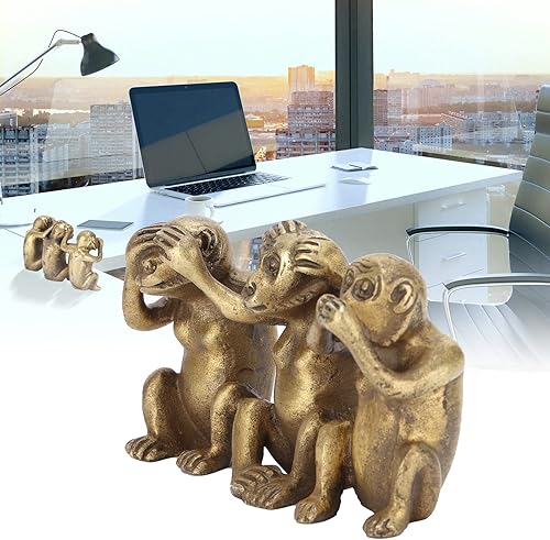 Miniatura 8 de 3 estatuas de monos sabios, no escuchan el mal, no ven el mal, no hablan mal, figuras de latón de tres verdades de mono para decoración de oficina y