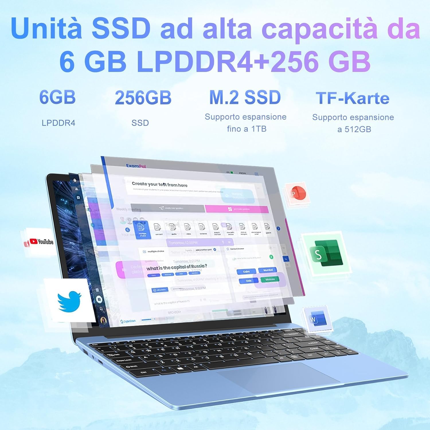 WOZIFAN Win 11 Computer PC Portatile Notebook 14 Pollici 1080P 6+256GB 2.4G+5G Supporta La Scheda SSD La Scheda TF Estesa, Wireless Bluetooth Mouse Wifi, Italiana Tastiera blu