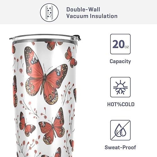 Miniatura 4 de Taza de café de acero inoxidable con diseño de mariposa roja, tapa a prueba de fugas y pajita para agua, té helado o café, vaso aislado al vacío
