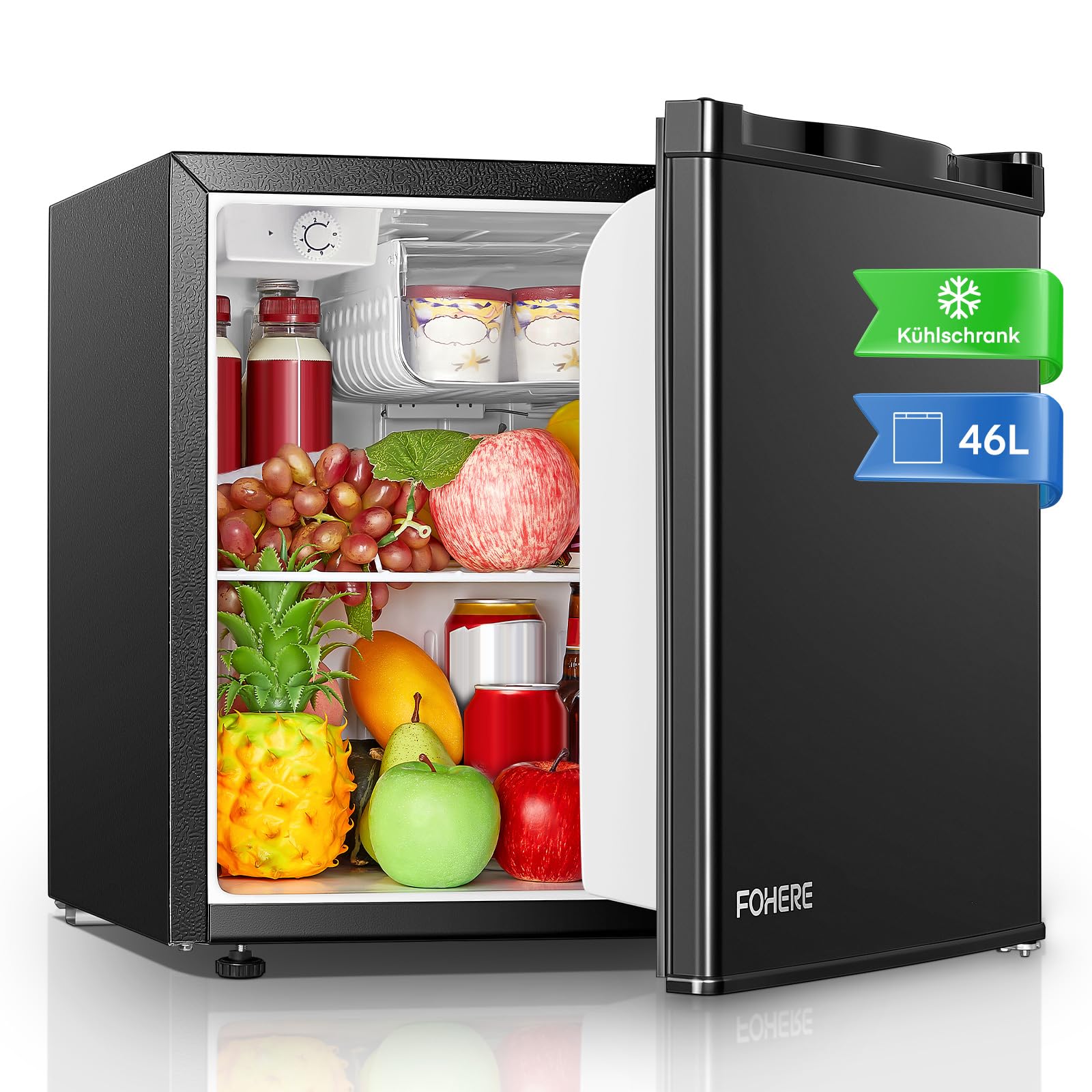 Mini Kühlschrank E 46L mit Eisfach, Kühlschrank Klein 42 dB, Wechselbarer Türanschlag, Energiesparend, Temperaturregelung, Ideal für Küche, Büro, Schlafzimmer, Hotels und kleine Wohnungen (Schwarz)