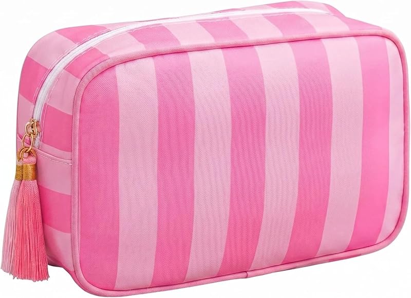 Necessaire de maquiagem listrada Jrotiro com zíper de tassel, estrutura reforçada e acolchoamento interno, rosa