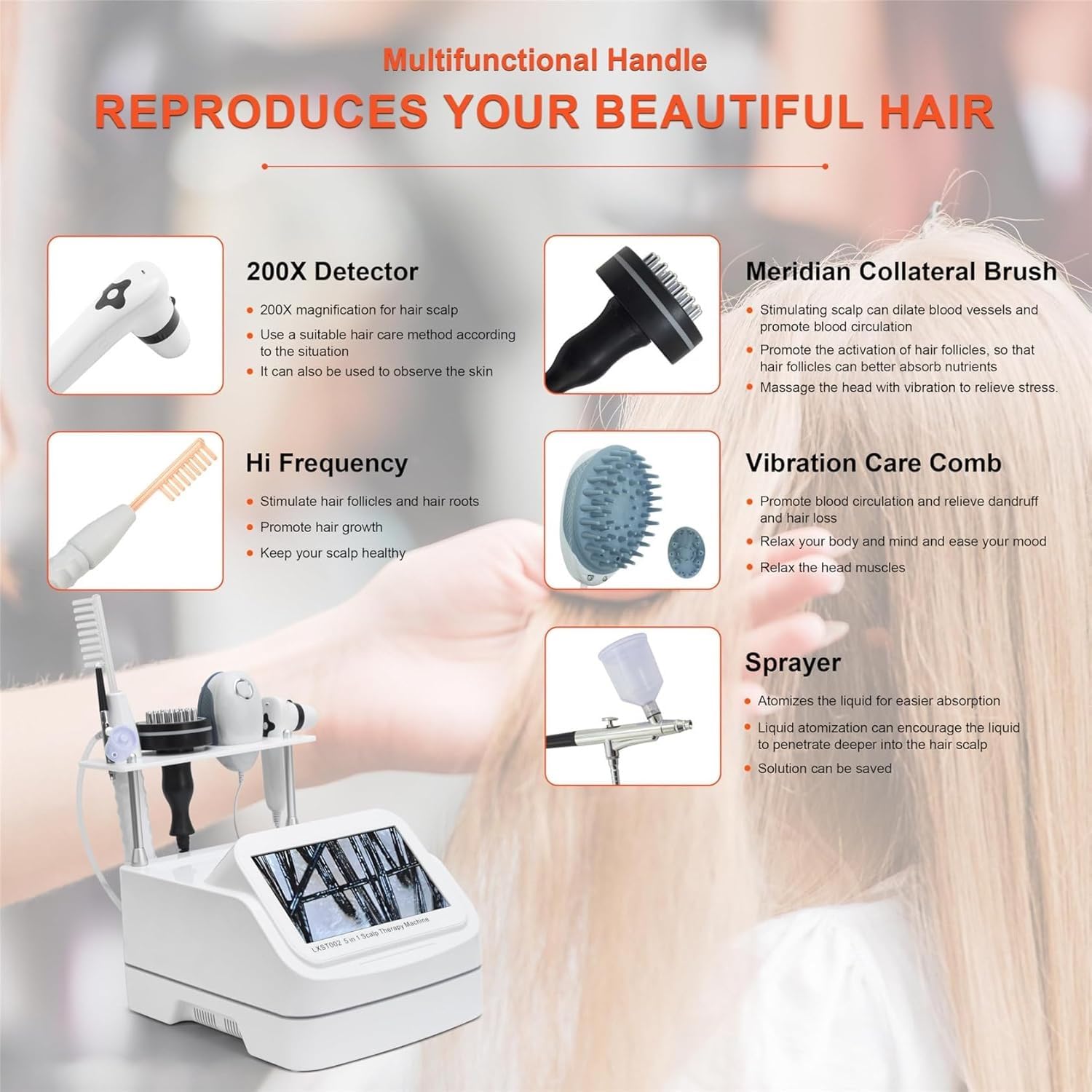 Analizzatore di capelli for diagnosi della pelle, apparecchiatura for massaggio del cuoio capelluto 5 in 1, scanner portatile for il rilevamento del cuoio capelluto, for perdita di capelli/umidità