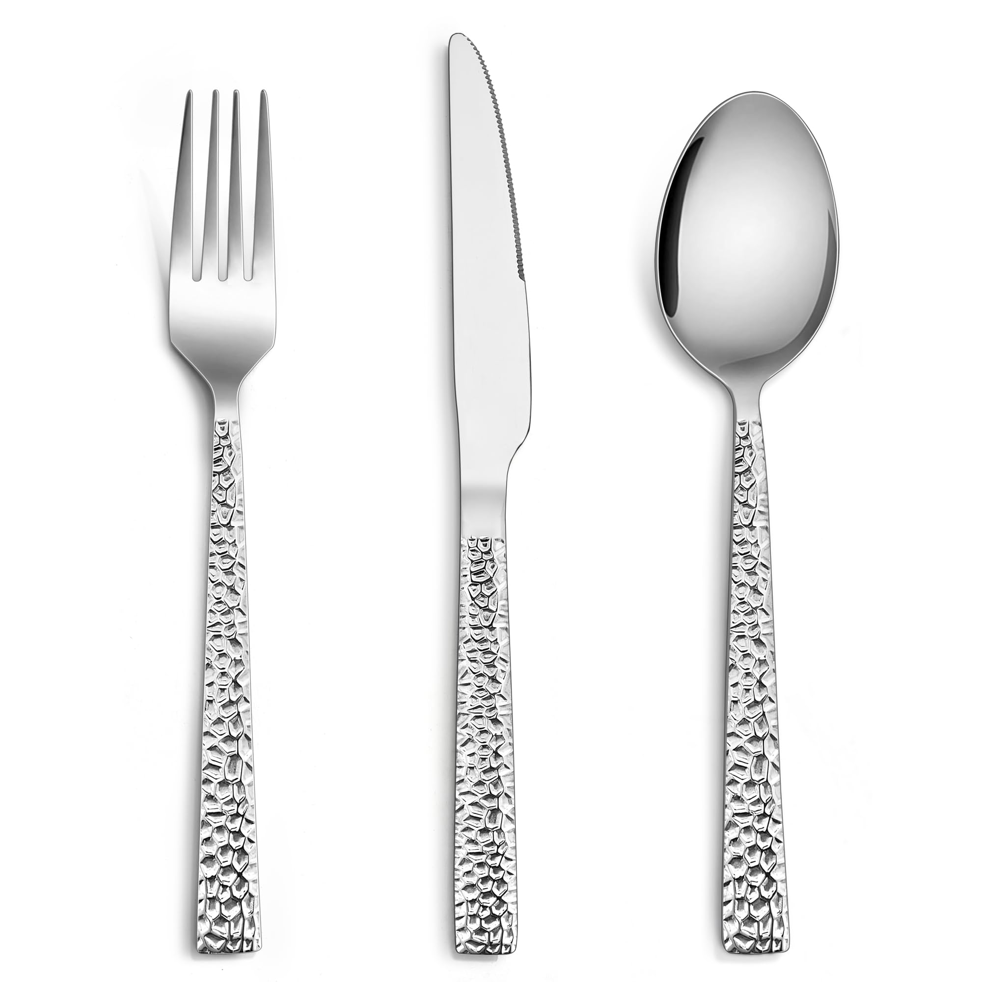 E-far 12-Piece Hammered Silverware Set, Stainless Steel Flatware Set for 4