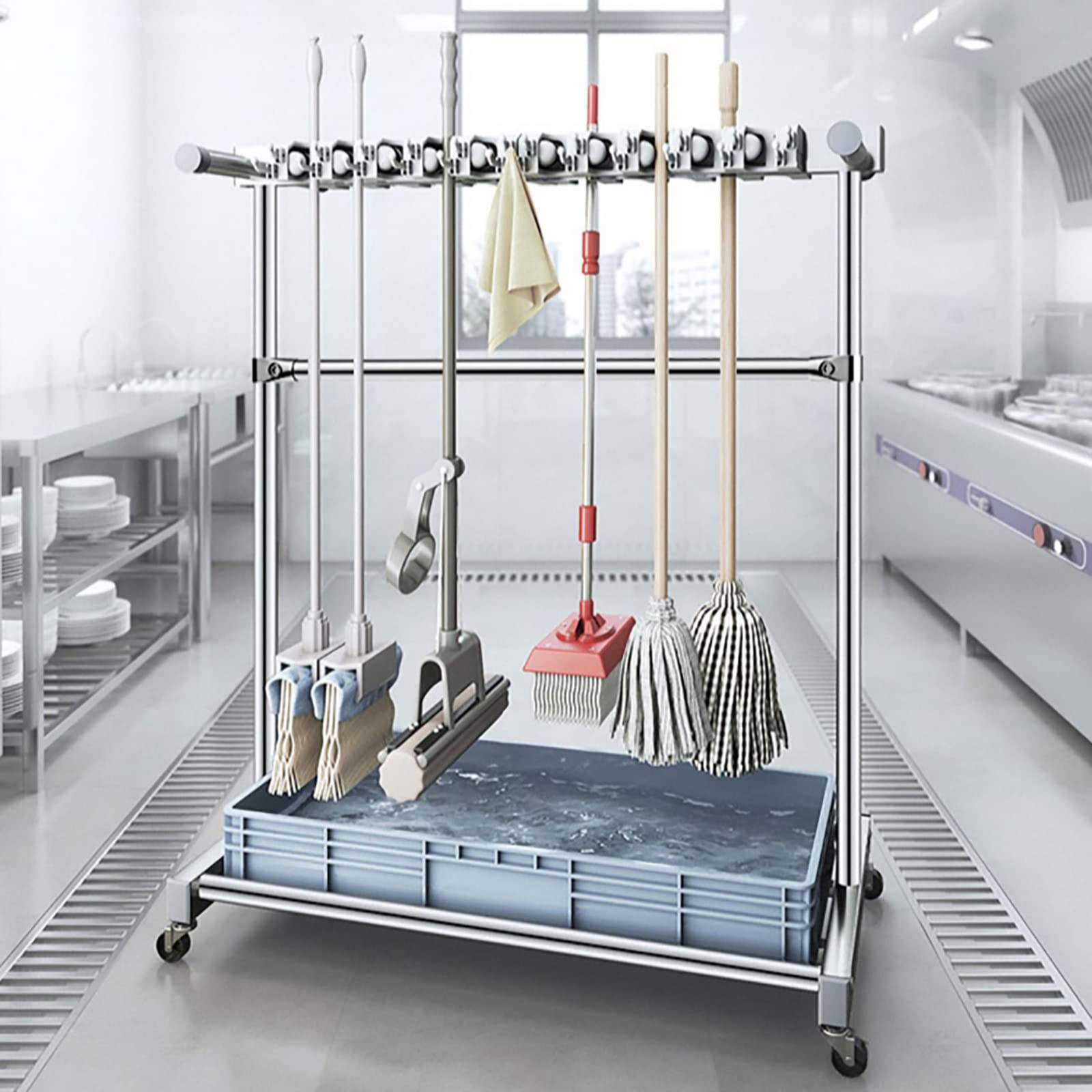 TIANQIHAO Movable Broom Mop Holder, Stainless Steel Cleaning Tool Nizer, Garden Tool Storage Cart, Umbrella Stand, Mop Drain Rack,Grey-10 Slots