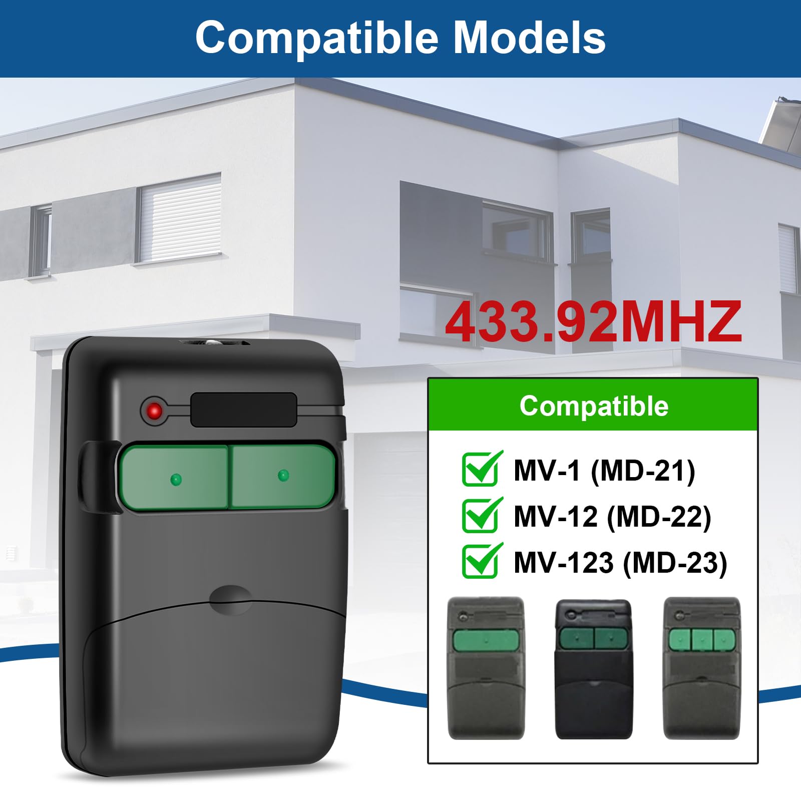 Mando a distancia para puerta de garaje de 433,92 MHz, 2 unidades, accesorios universales para garaje, compatible con modelos MV-1, MV-12, MV-123, manijas automáticas