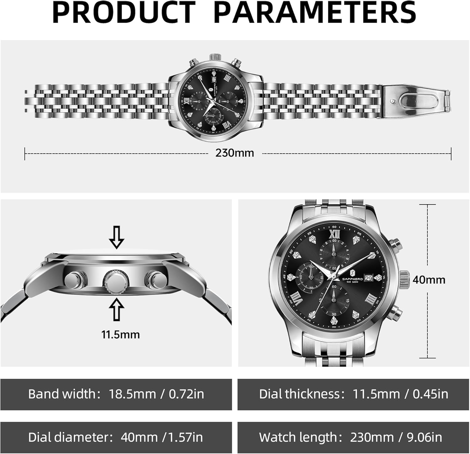 SAPPHERO Watches for Men Easy-to-Read Sliver Stainless Steel Watches Men Luxury Mens Watch Waterproof Chronograph Birthday/Christmas/Fathers Day Gift - Image 4