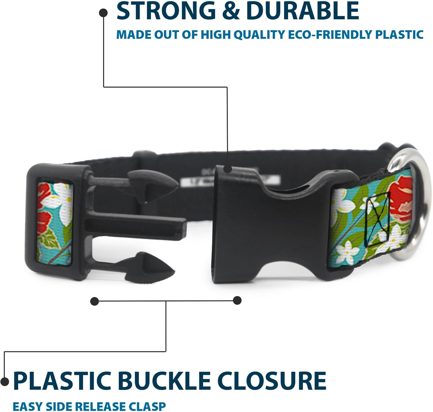 Buckle-Down Plastic Clip Collar - Hibiscus & Plumerias Turquoise/Green/Red/White - 1.5" Wide - Fits 13-18" Neck - Small