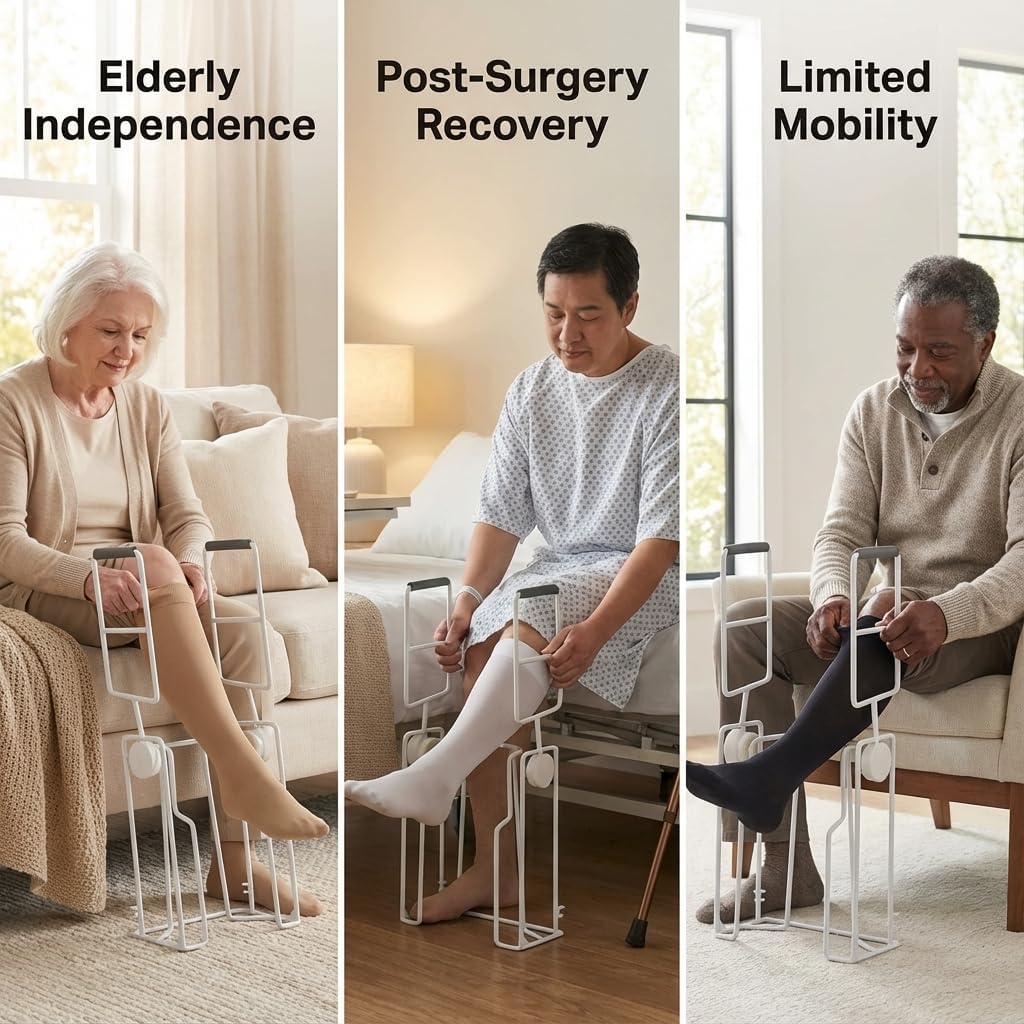 Adjustable Compression Sock Aid with Foldable Handles, Easy Pull On Stocking Donner for Knee High Socks, Fits 14–16 Inch Calf, Mobility Assistance Sock Helper for Seniors & Recovery (Medium)