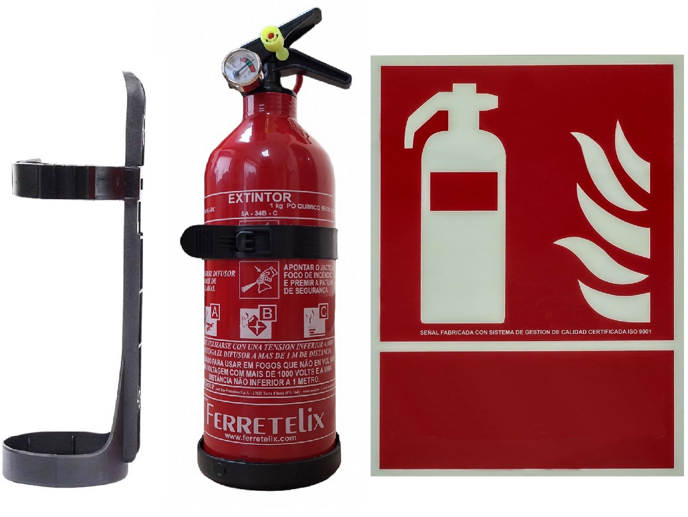 FERRETELIX® Extintor de 1 kg ABC + Cartel Fotoluminiscente 31x20 cm Homologado + Soporte de Montaje – FABRICADO EN 2026 Para Coche, Hogar, Oficina, Caravana, Barco o Barbacoa