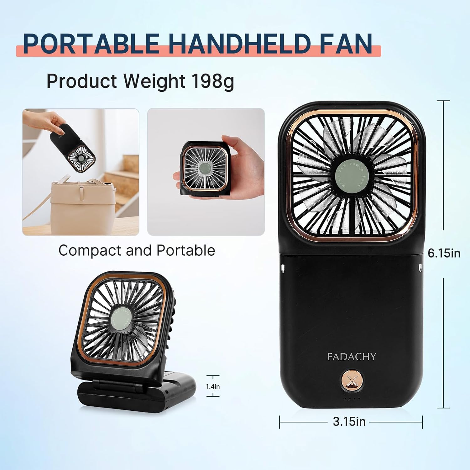 FADACHY Portable Fan,Rechargeable Personal Fan, 3000mAh Battery Operated Cooling 3 in 1 Electric Fan for Travel Camping - Image 2