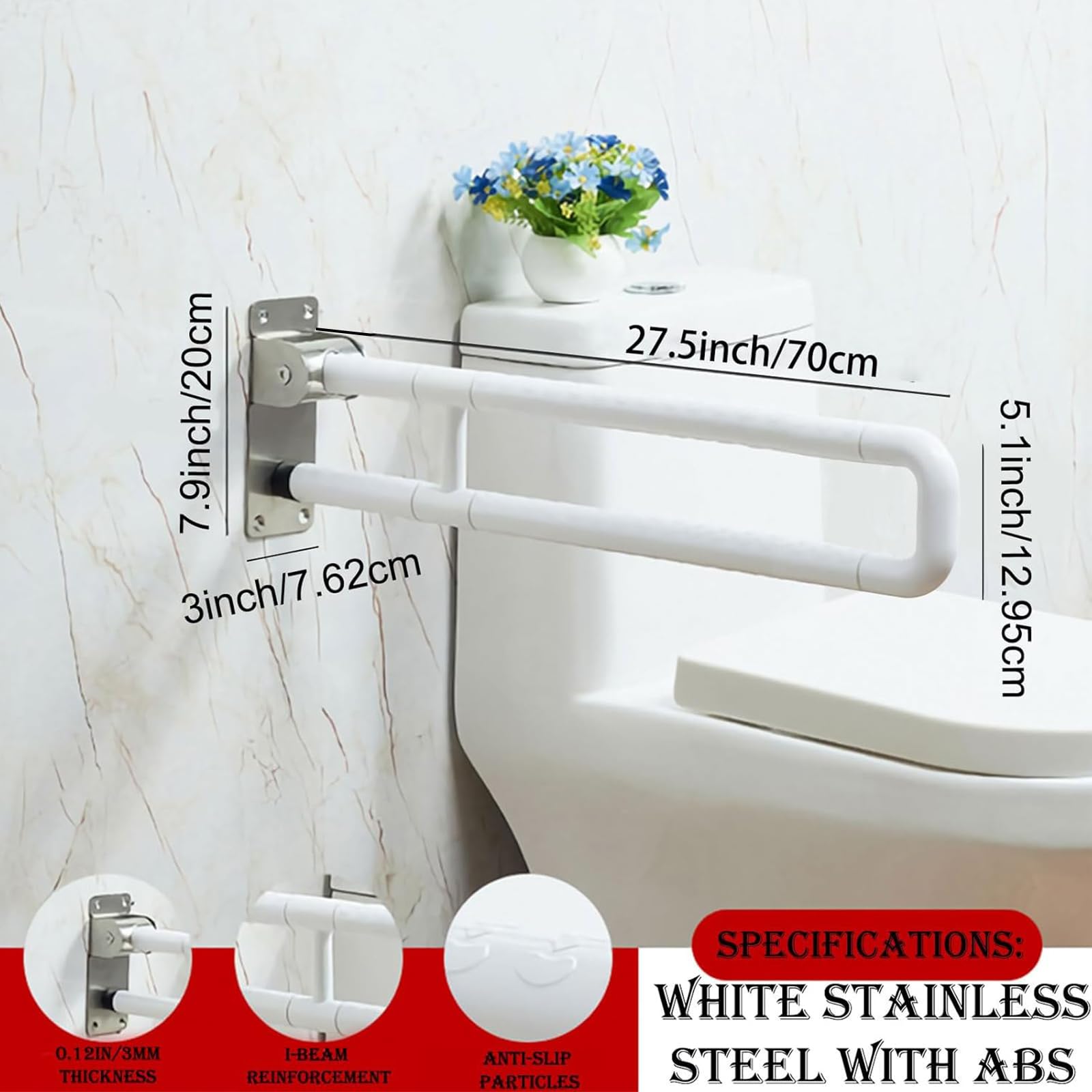 Maniglia per WC da 68 cm, in acciaio inox, con barra in ABS, a forma di U e montaggio a parete, sicura per anziani, anziani, disabili, pazienti feriti (bianco)