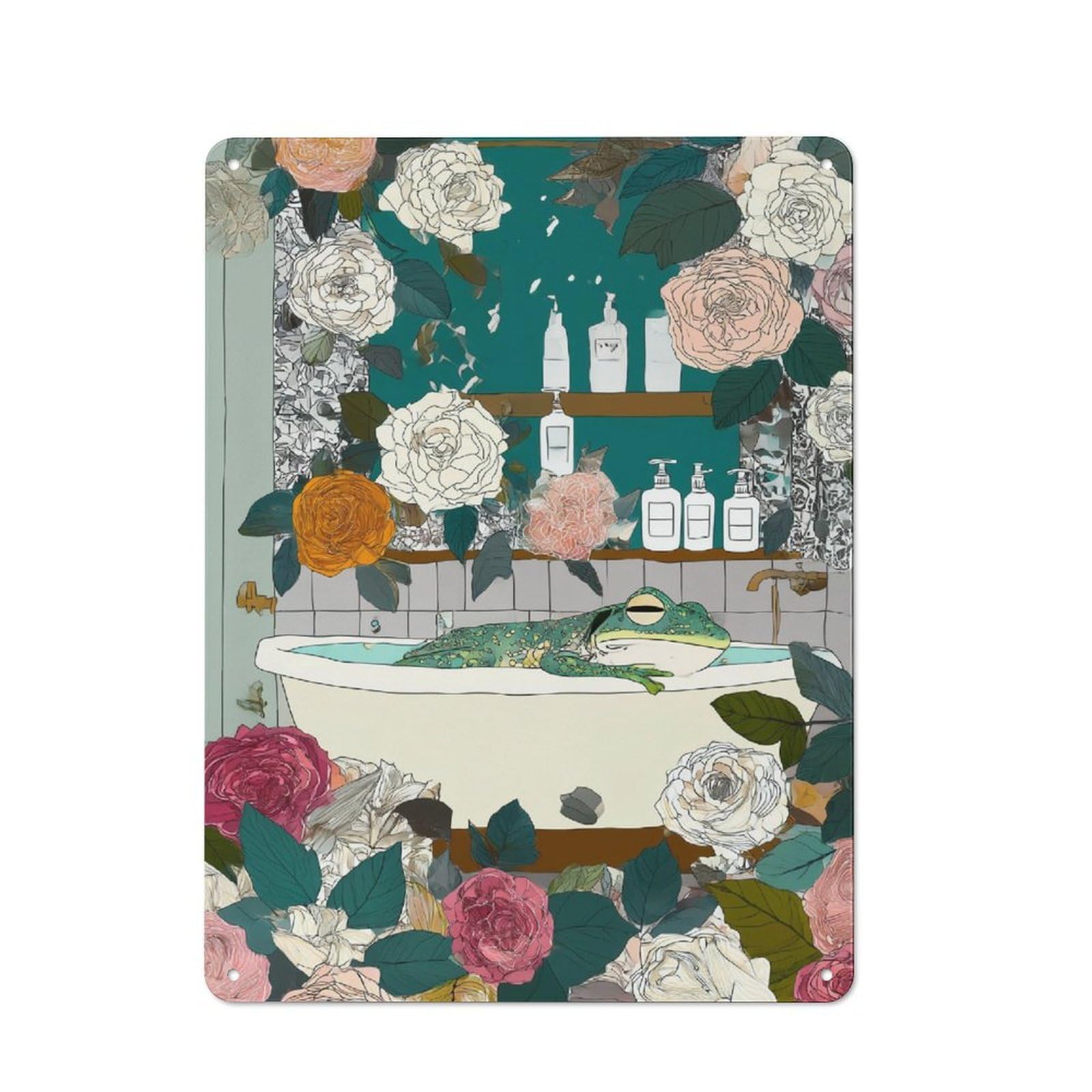 Junmoney Frog's Floral Bath Retreat Retro Tin Sign 40X30cm For Workshop Wall, For Collectors Of Retro Metal Wall Decor