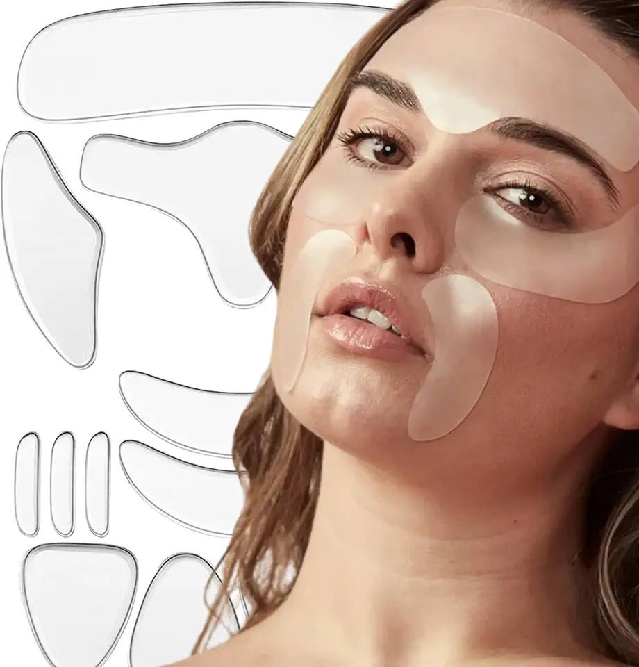 Kit 16 Adesivos de Silicone Antirrugas Reutilizáveis para Rosto | Testa, Olhos, Boca e Pescoço | Patch Facial de Silicone para Cuidados com a Pele Anti-Idade