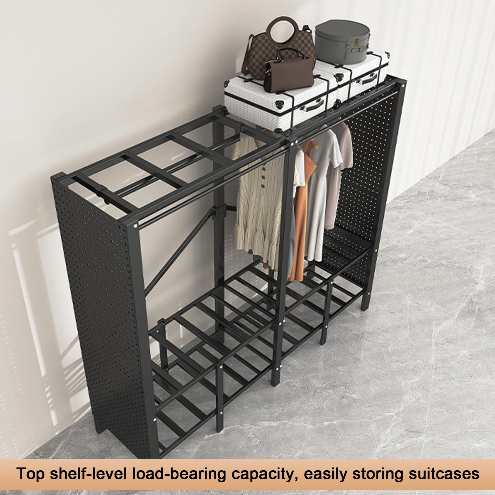 Faltschrank, Stoffkleiderschrank, Robuster Kleiderschrank mit Perforierten Paneelen, Freistehender Garderobenschrank, für Schlafzimmer(Black,130cm/51in)