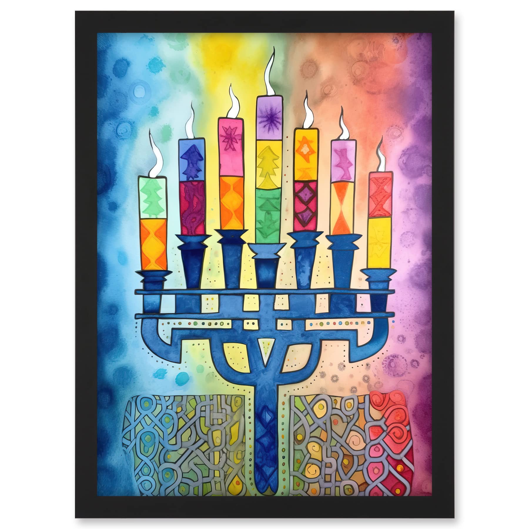 Artery8 Jewish Menorah Candles Multicolour Folk Art Watercolour Painting Artwork Framed A3 Wall Art Print