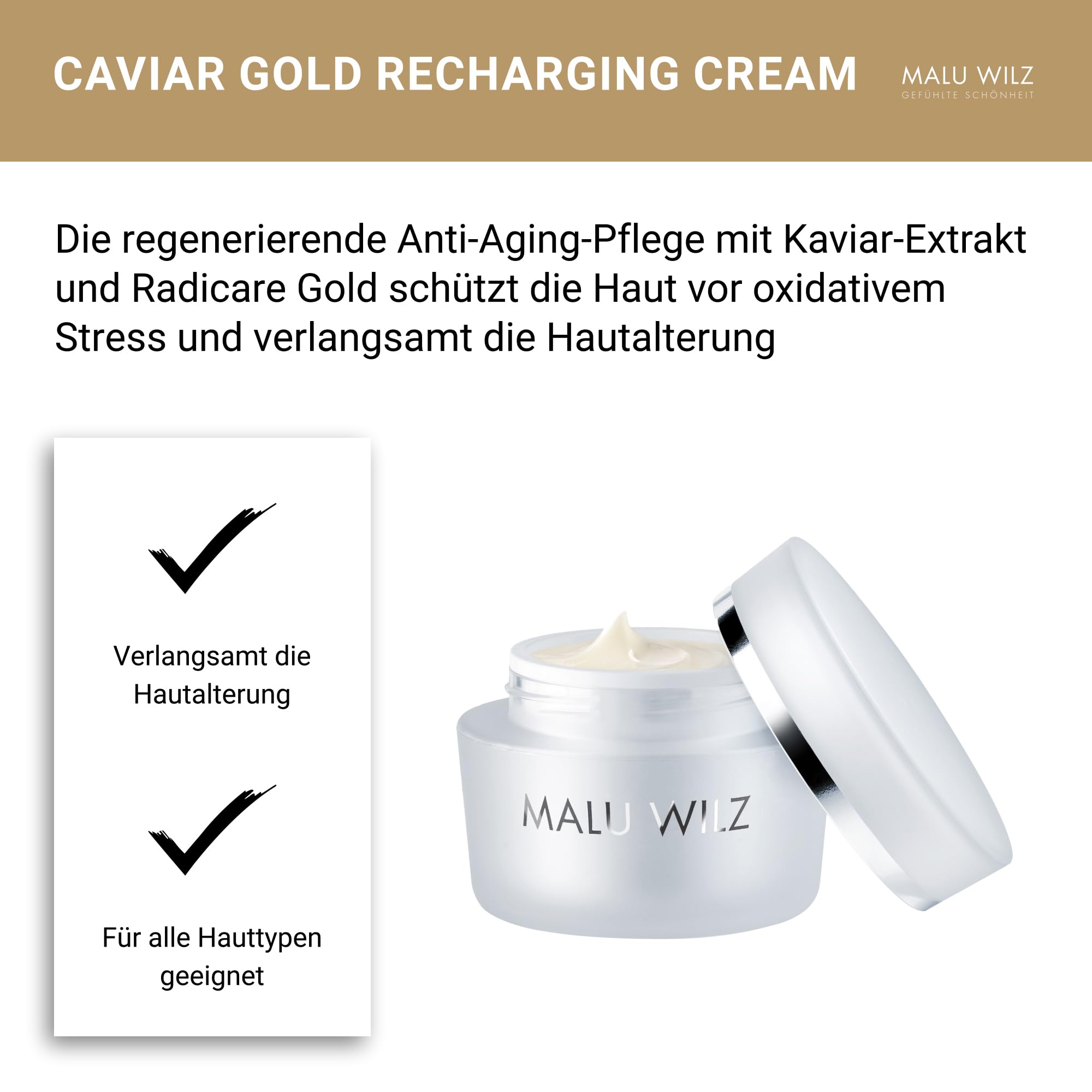 Malu Wilz Caviar Gold Recharging Cream 50ml I Gesichtscreme Damen I Pflegende, feuchtigkeitsspendende Anti Falten Creme I Verlangsamt die Hautalterung