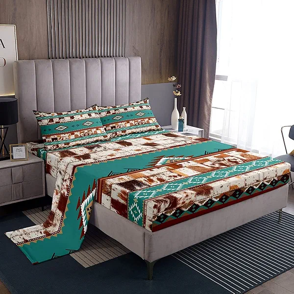 Erosebridal Cowhide Bed Sheets Set Western Sheet Set Queen,Farm Animals Skin Sheets Southwest Style Native American Designs Geometric Bed Set,Patchwork Cow Print Country Western Room Decor