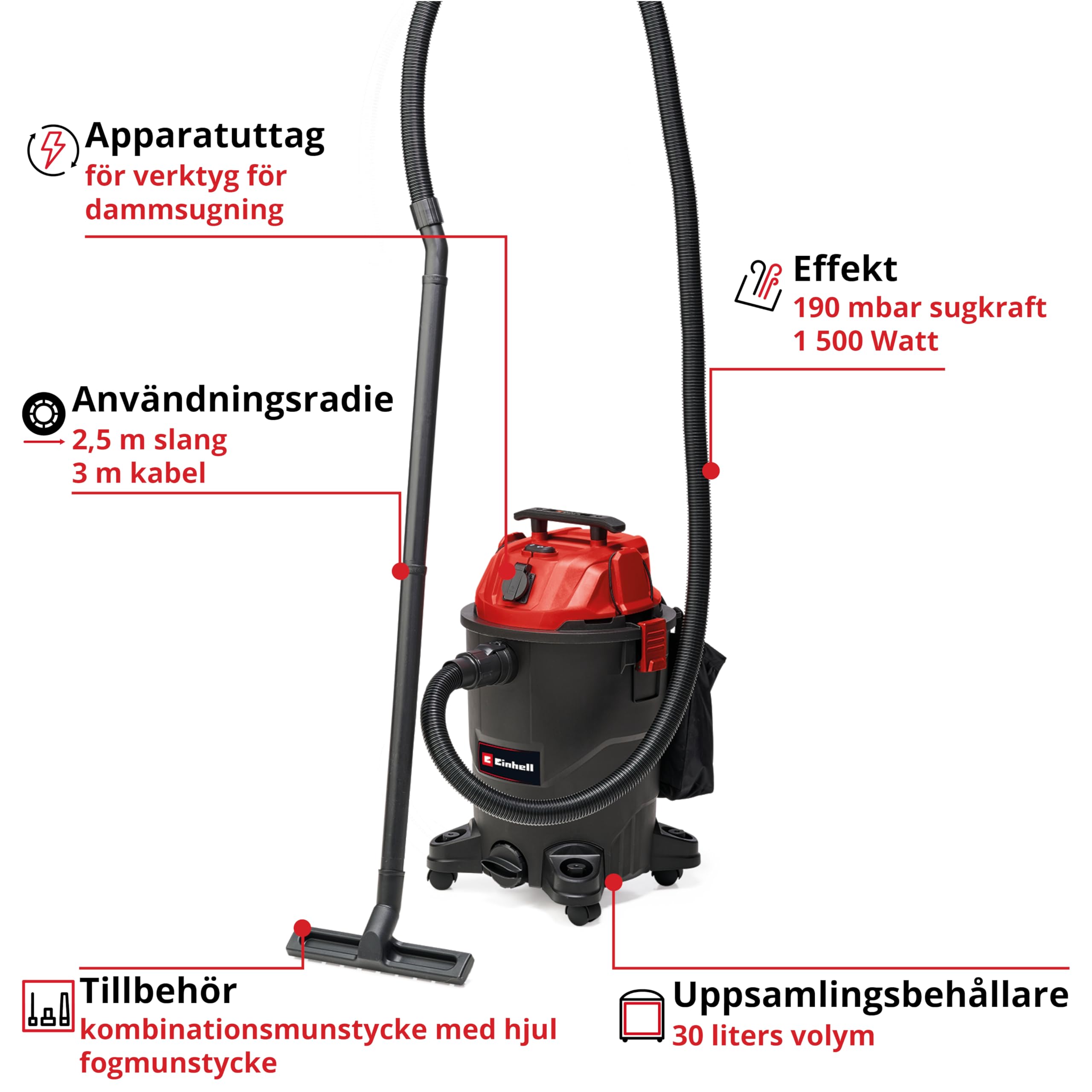 Einhell Odkurzacz TC-VC 1930 A (1500 W, moc ssania 190 mbar, automatyczne gniazdko, pojemnik na ścinki 30 l, uchwyt do noszenia, w zestawie dysze, filtr i worek na brud)
