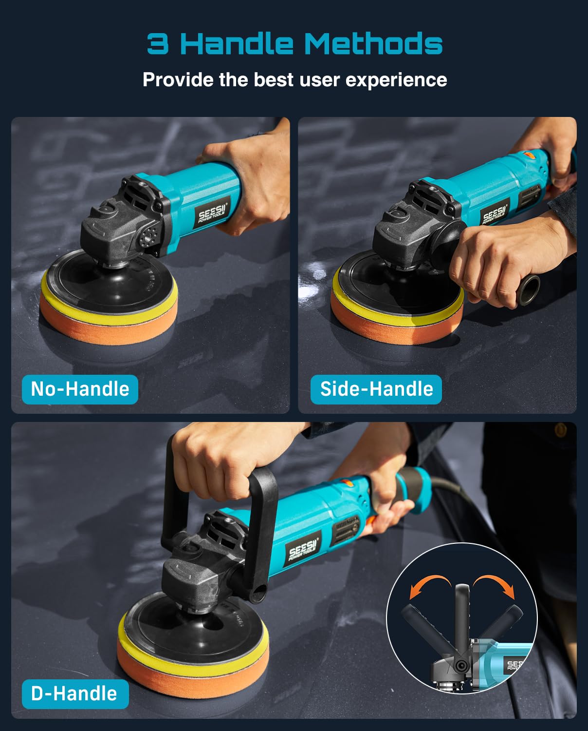 Seesii Lucidatrice per auto 1600 W: 17,8 cm/15,2 cm, lucidatrice rotativa con 7 velocità variabili 2056-3600 giri/min, motore in rame puro, maniglie staccabili per auto, barca, dettaglio, lucidatura e