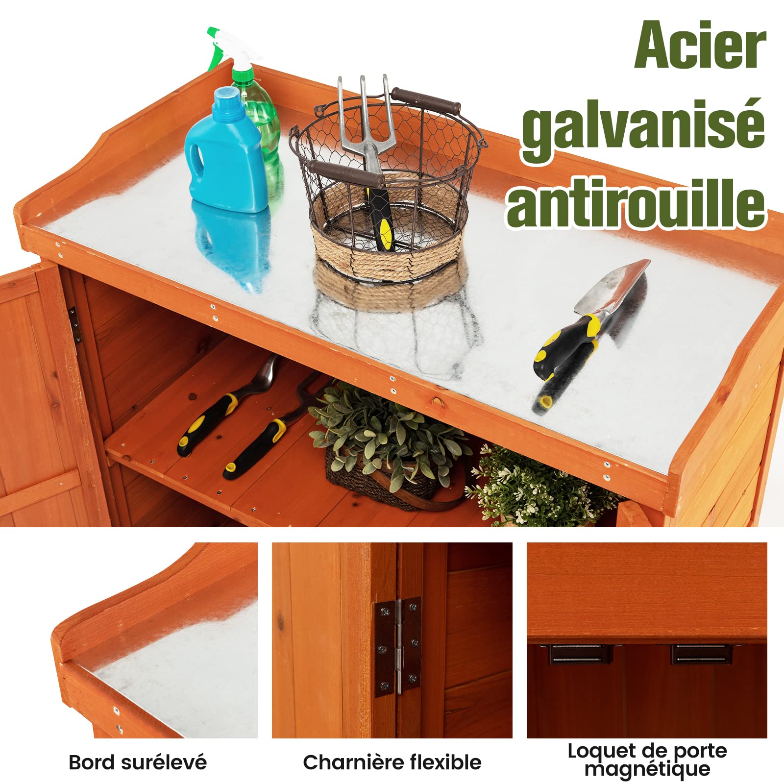 COSTWAY Armoire de Jardin en Bois Extérieur 2 en 1, Table de Jardinage avec Porte, Etagère Amovible et 4 Roues Universelles Plateau en Acier Galvanisé pour Cour, Jardin