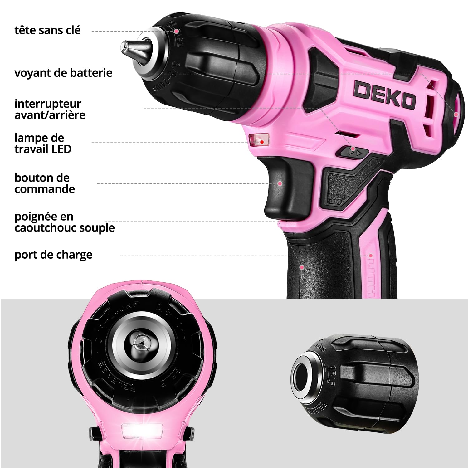DEKO Caisse a Outil Rose avec Perceuse Visseuse Multifonction Sans Fil 8V, 126 Pièces Malette Outils complete, Ensemble d'Outils avec Perceusepour Réparation, Entretien et Travail