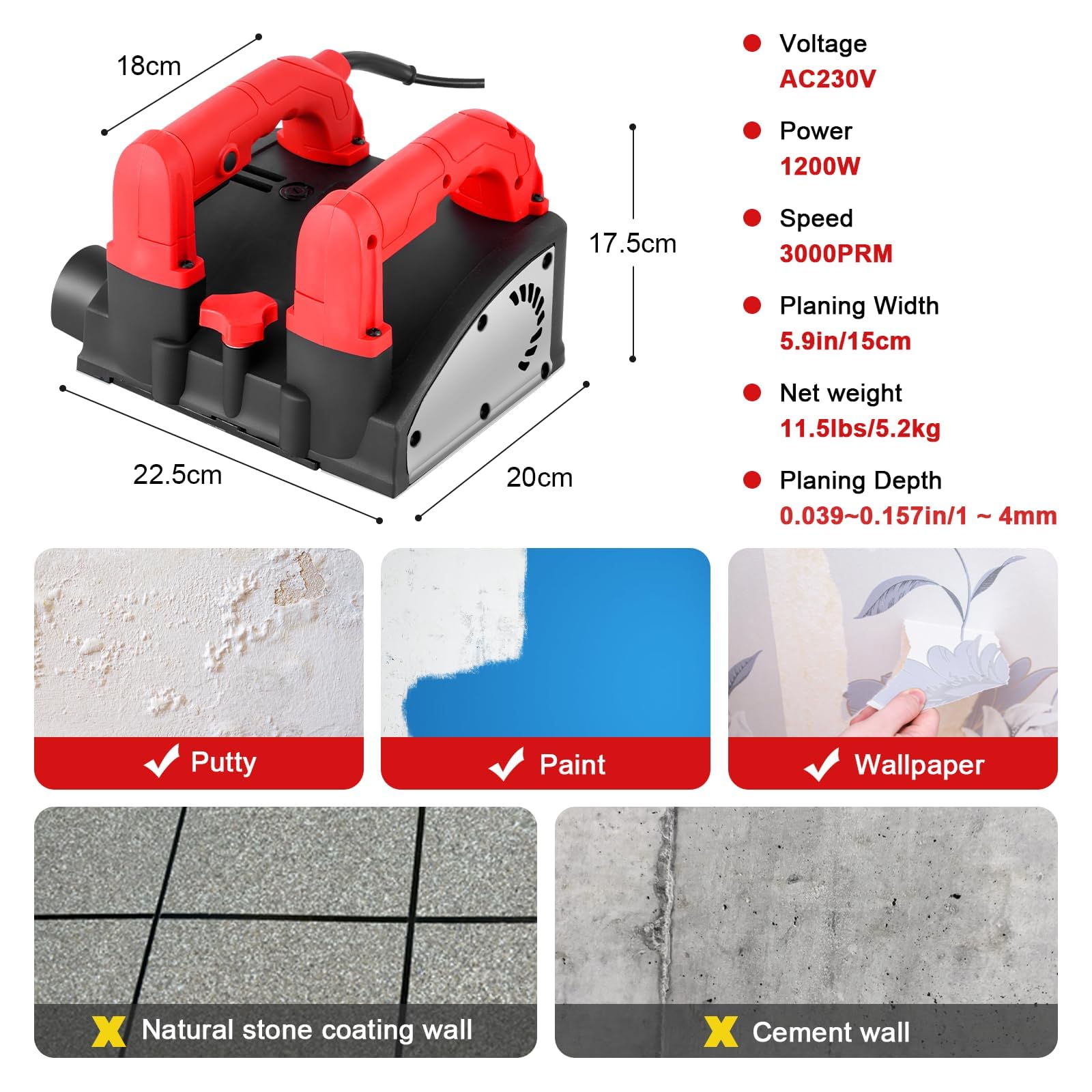 Cepillador de pared eléctrico, raspador de pared de mano, máquina de rascar paredes para papel pintado, pintura y masilla, ángulo de 90°, sin ángulo ciego