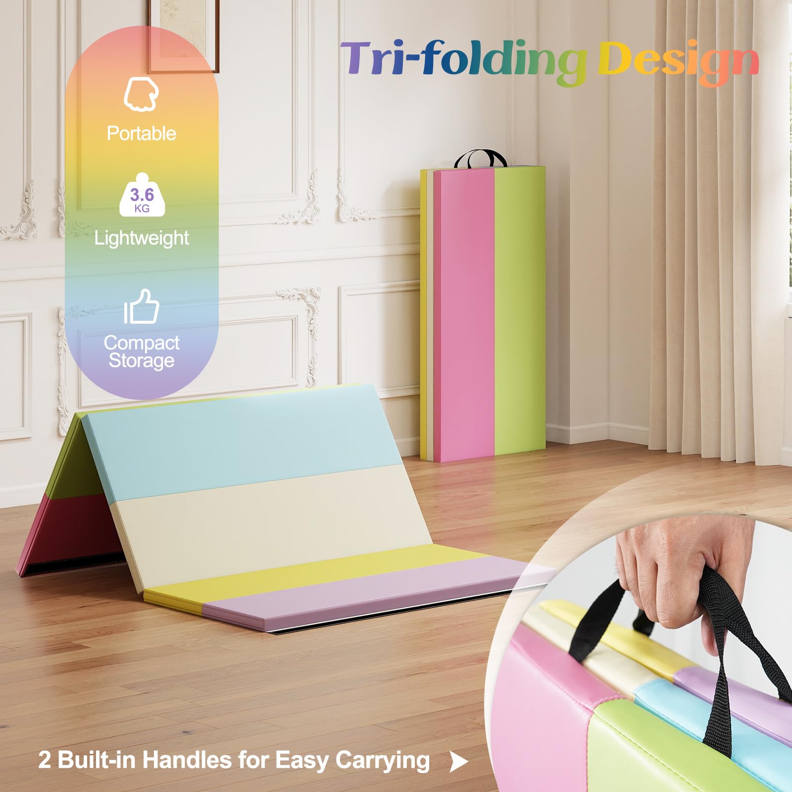 FANTASK Klappbare Weichbodenmatte, 180 x 120cm, Fitnessmatte aus PU 3 fach faltbar, Weichbodenmatte mit Tragegriff, Sportmatte Spielmatte zuhause für Kinder Erwachsene, Macaron