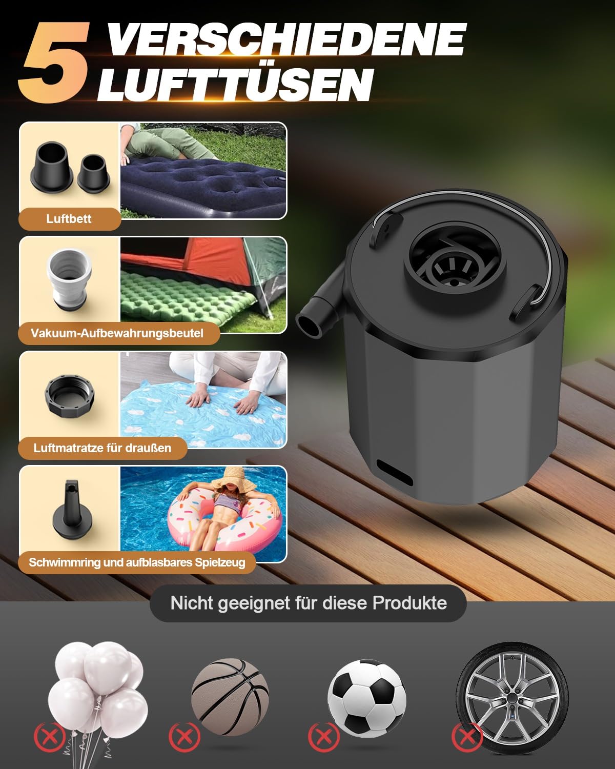 Elektrische Luftpumpe, Tragbare Mini Pumpe zum Inflate und Deflate, Wiederaufladbare Akku Luftpumpe mit 5 Luftdüsen & Campinglampe, 5000 Pa Pumpe für Camping Isomatte, Luftmatratze, Vakuumbeutel