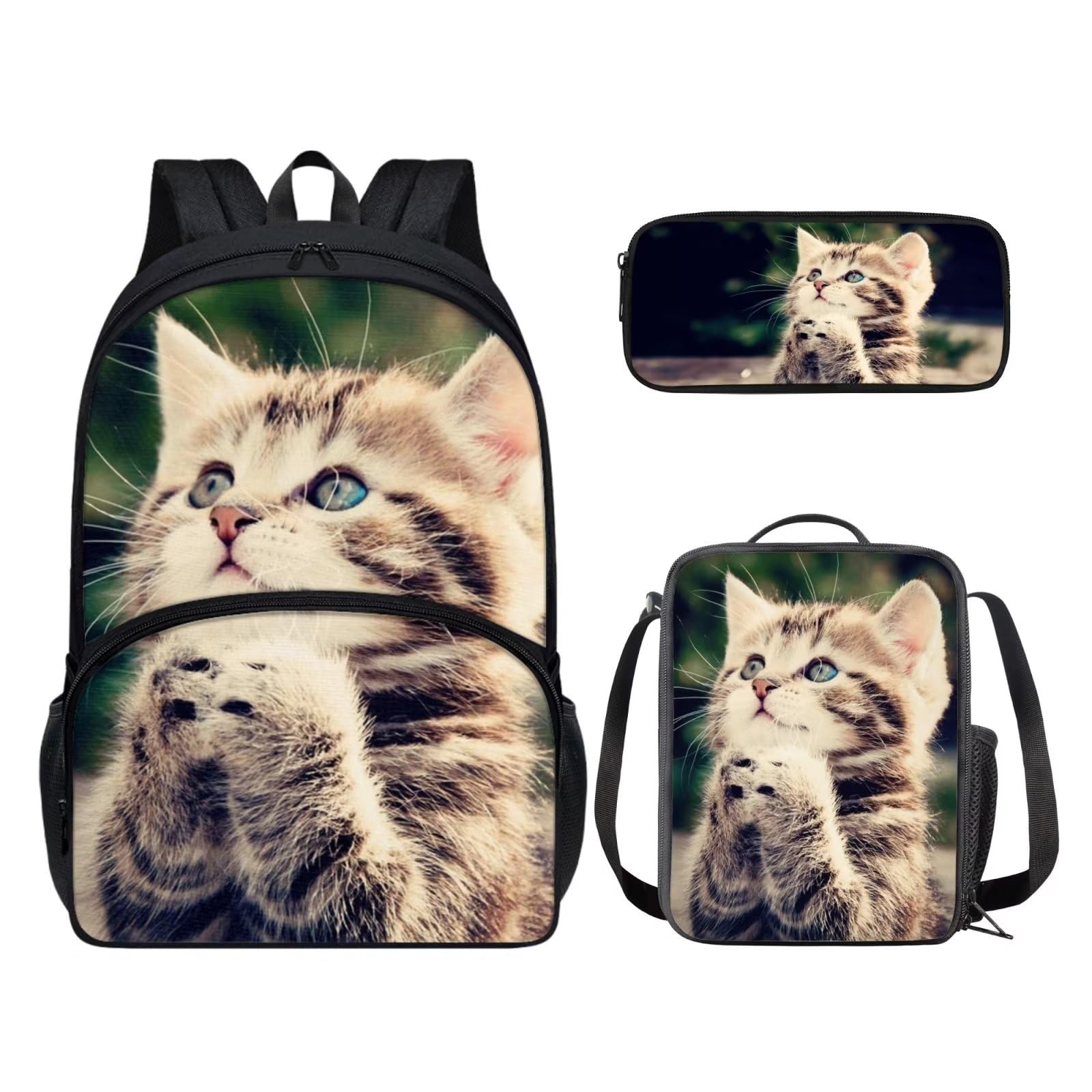 POLERO Juego de 3 bolsas escolares con impresión 3D para el almuerzo, estuche para lápices, Lindo Gato, Talla única, Mochila infantil
