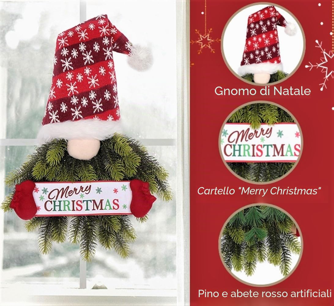LATERN Ghirlanda di Gnomi di Natale, 70CM Ghirlanda da Appendere di Pino e Abete Rosso Artificiale con Svedese Tomte per Natale Porta D'ingresso Parete Finestra Camino Decorazione