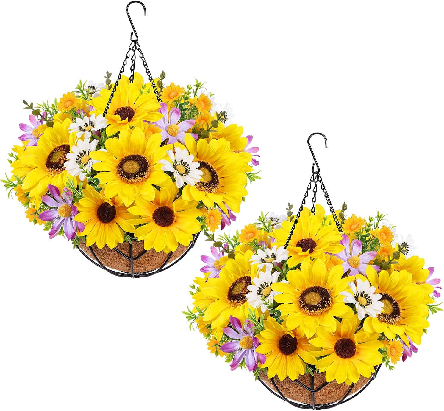 2 Set Artificial Hanging Baskets with Flowers Fake Sunflower Outdoor Hanging Flowers UV Resistant Faux Sunflowers for Outdoor Patio Garden Porch Spring Summer Decor