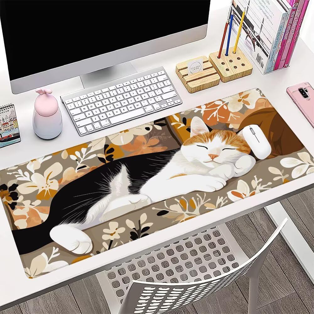 Alfombrilla de Mouse para Juegos, Giallo, XXL, Antideslizante, Impermeable, Diseño de Gatto, Extendido, Grande, 1200x600x3mm, para PC, Laptop, Ufficio, Famiglia d-608