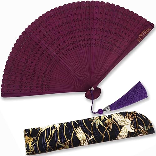 Miniatura 6 de SENJLIE - Abanico plegable de bambú hecho a mano de 7 pulgadas (7.1in) para mujer, ventilador de mano plegable de madera chinajaponesa con bolsa de