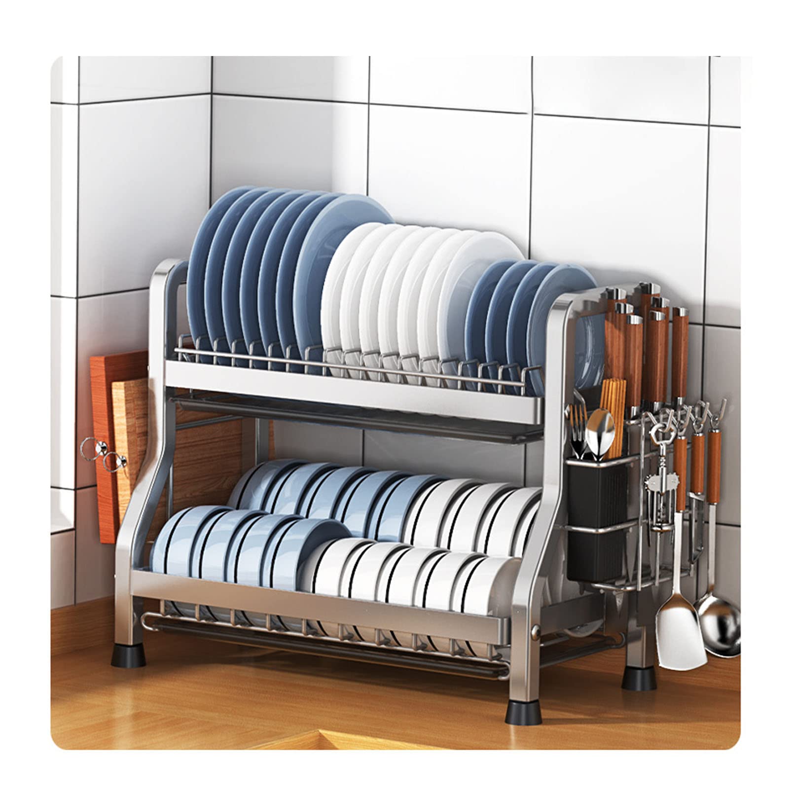 GLJTUO Large Dish Drying Rack with Drainboard Kitchen Counter Dish Rack nizer Utensil Holder Shelf 60KG Weight Capacity (Silver 65x26x41cm),Silver-65x26x41cm