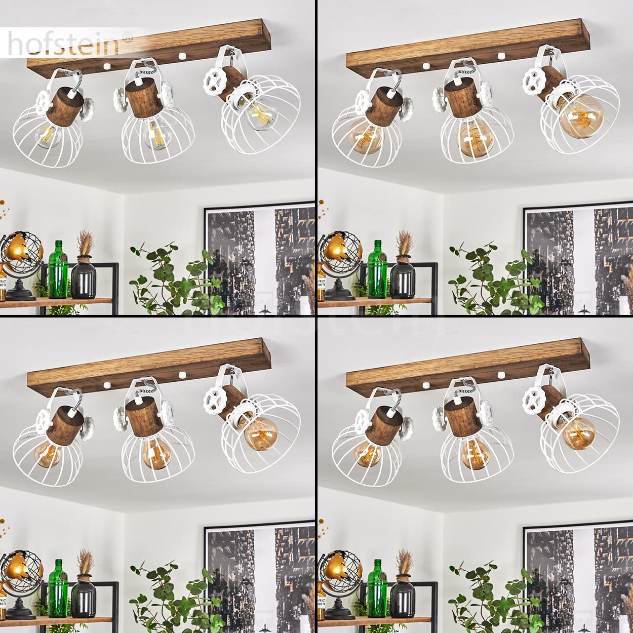 Plafonnier Orny, Lampe En Bois Brun Abat Jour Orientable En Métal Blanc, Dans Un Style Indusriel, Créant Un Jeu De Lumière Contre Le Mur, 3x E27 Max. 60 Watt