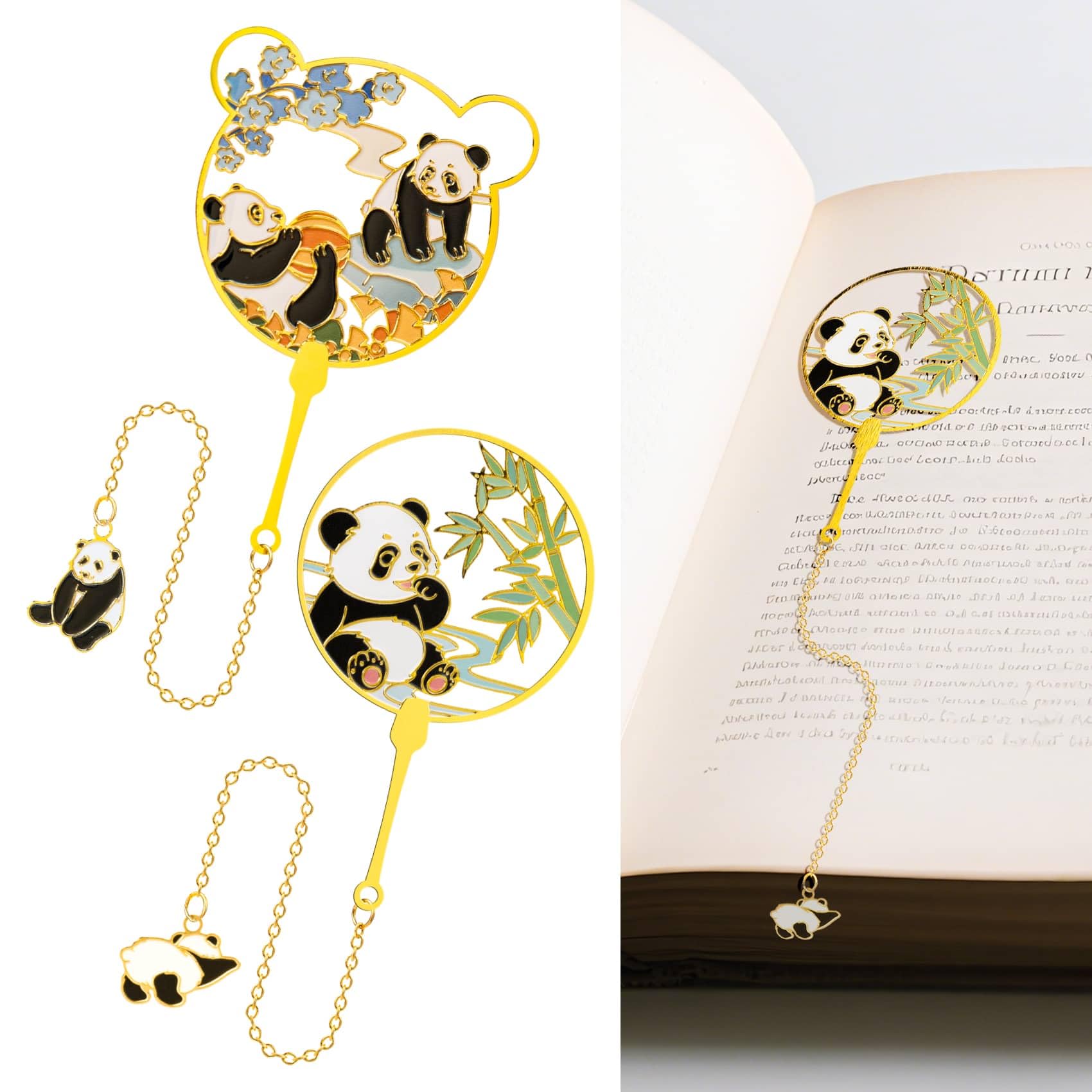 RIFOVN 2PCS Metal Bookmarks with Tassel, Cute Panda Book Marks for Book Lovers, Reading Women, Men, Kids, Lightweight Pretty Metal Bookmarks for Gifts