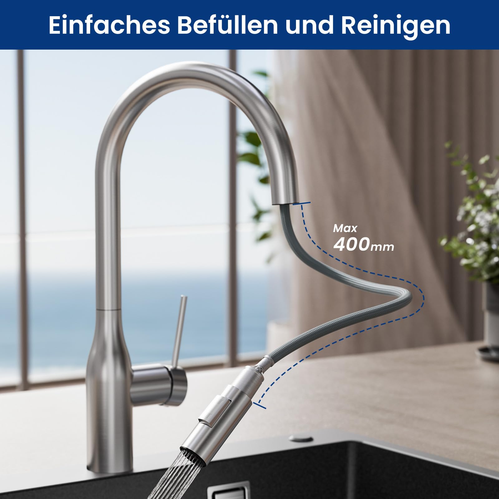 CECIPA Wasserhahn Küche Ausziehbar, Hochdruck Küchenarmatur Edelstahl, 360° Schwenk Armatur Küche mit Hohem Bogen, Robust & Leckagefrei, Einfache Installation, Mischbatterie mit Zugauslauf für Spüle | Vasenförmiger Körper, ausziehbare Brause, 360 Grad sch