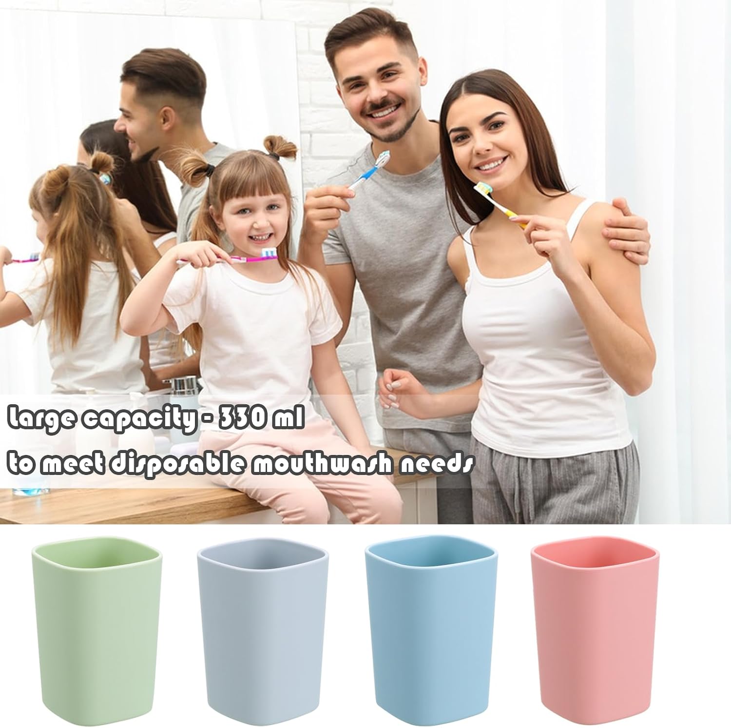 4PCS Bathroom Tumbler Toothbrush Cup, Unbreakable Reusable Drinking Cups, Plastic Mouthwash Cup Toothbrush Holders 330ml (Blue, Grey, Green, Pink)
