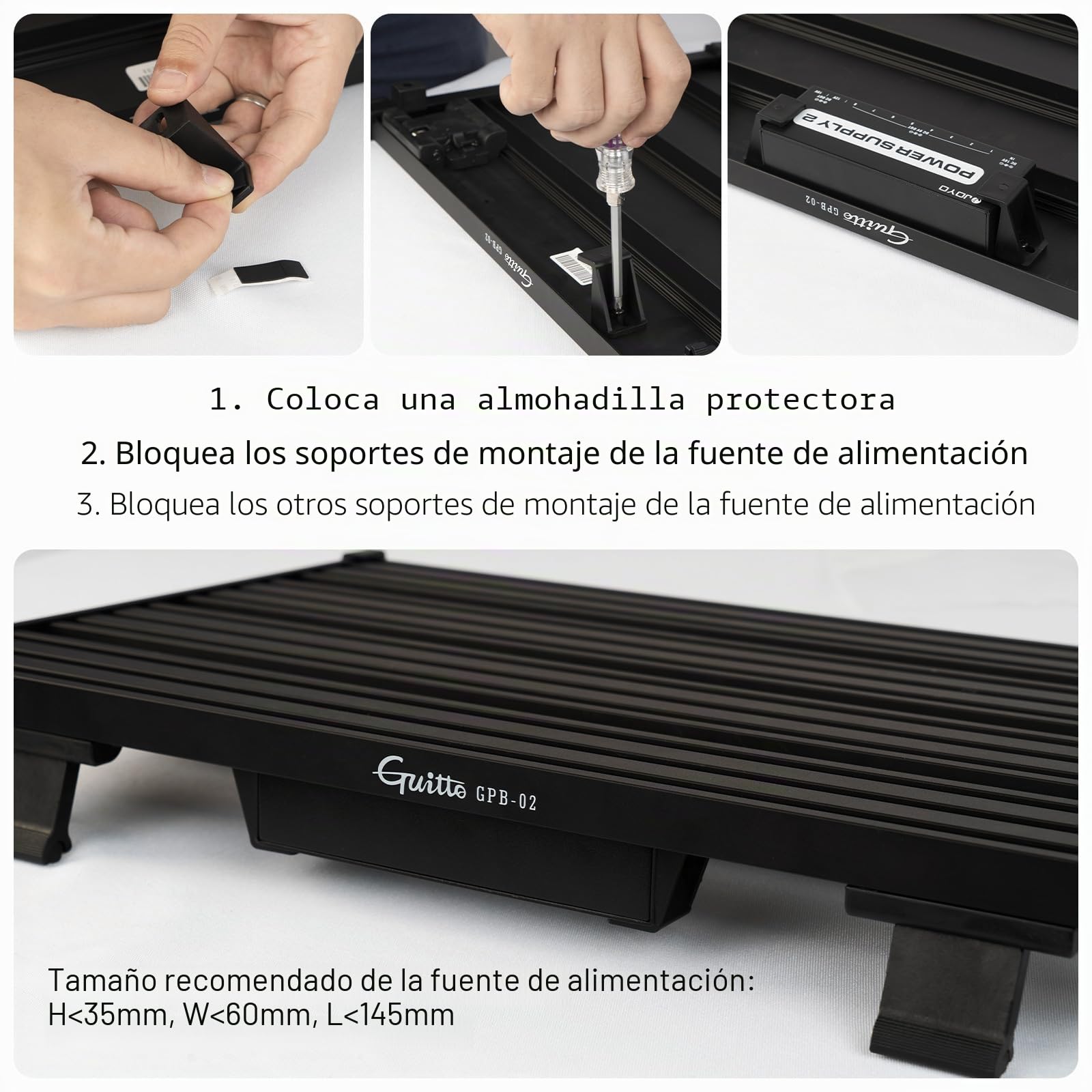 GUITTO GPB-01 - Pedalera de guitarra con diseño seguro de clip, aleación de aluminio con bolsa de transporte, no necesita adhesivo para pedales de efectos, para conciertos y ensayos, GPB-01 pequeño
