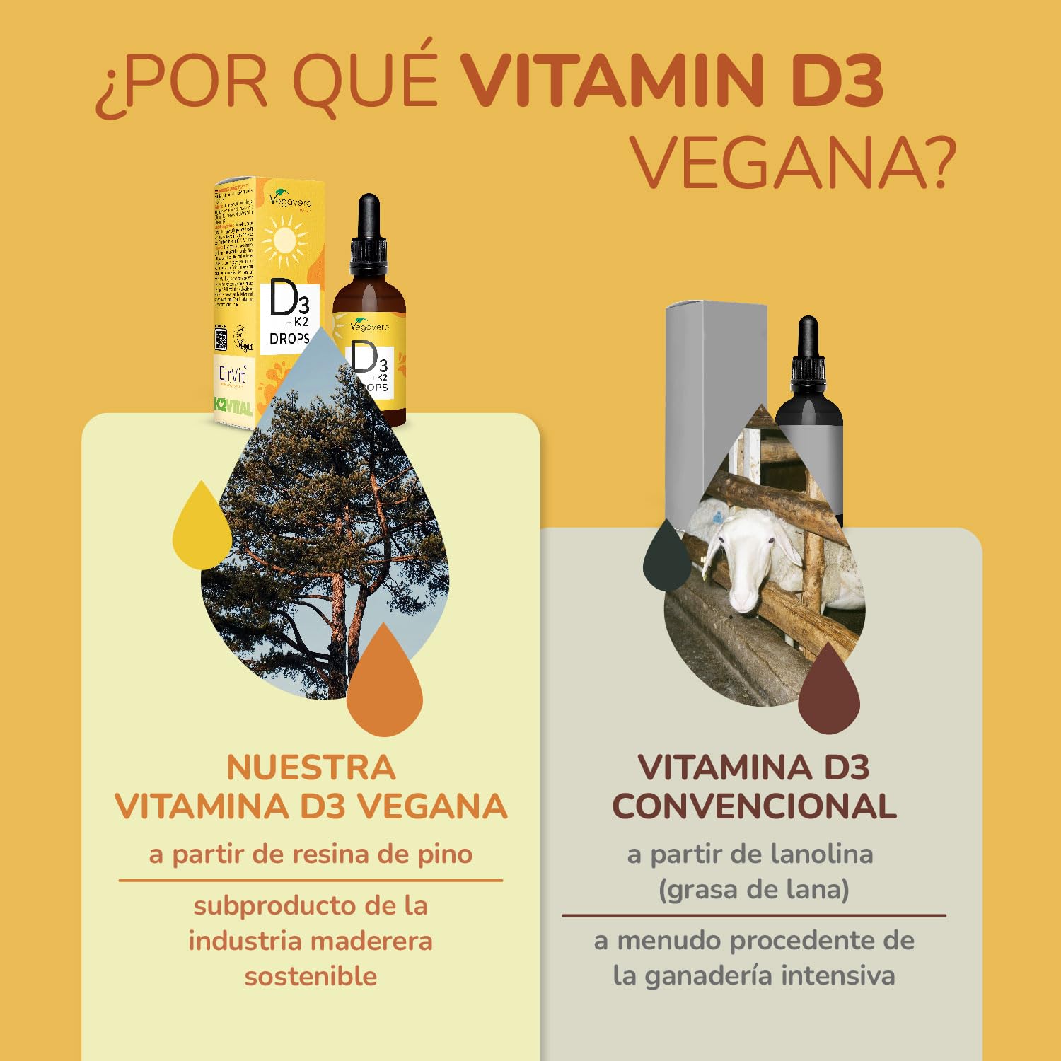 Vitamina D3 y K2 MK-7 Gotas Vegavero | VEGANO | Para un Año | EirVit, + Vitamin D3V | Sin Aditivos | 1000 UI Dosis Diaria