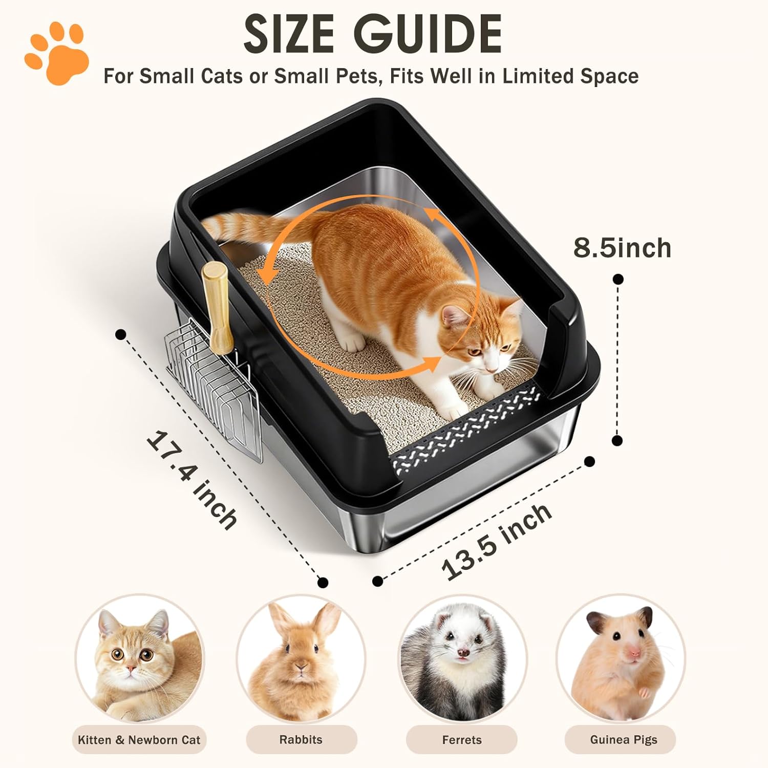 Stainless Steel Litter Box with Lid: Metal Cat Litter Box for Small Cats with Scoop, High Sided Kitty Litter Pan Tray, 17.4'' x 13.5'' x 8.5'', Non-Stick, Anti-Leakage, Easy Cleaning (Black)
