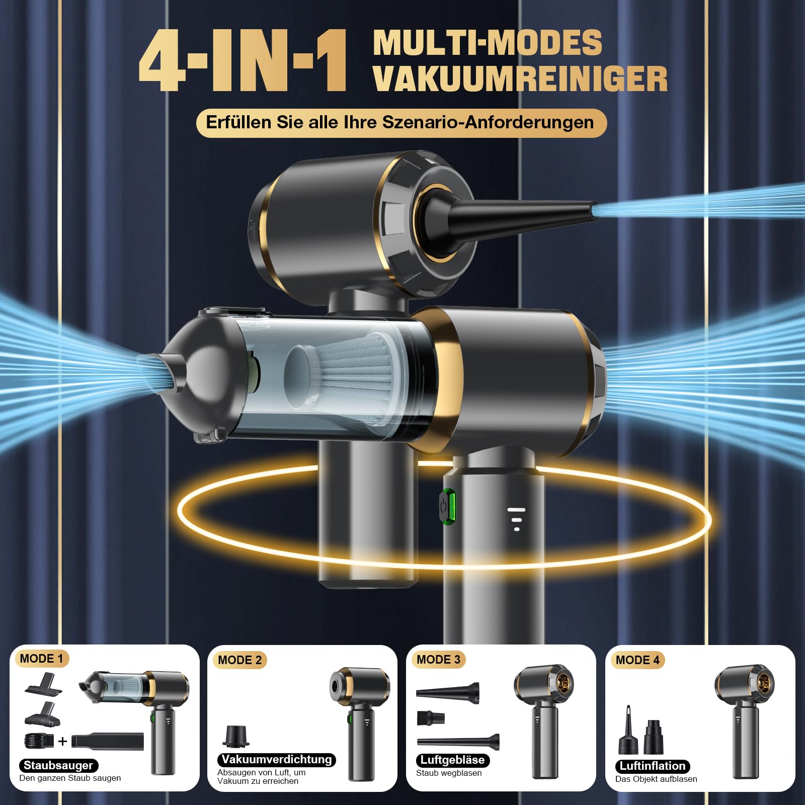 Antifnuo Handstaubsauger, Handstaubsauger Akku 4-in-1, 28000PA Autostaubsauger, 3-Gang Mini Staubsauger, 240000 U/min Auto Staubsauger Stark Bürstenloser Motor für Büro Genutzt, Haus, Küche
