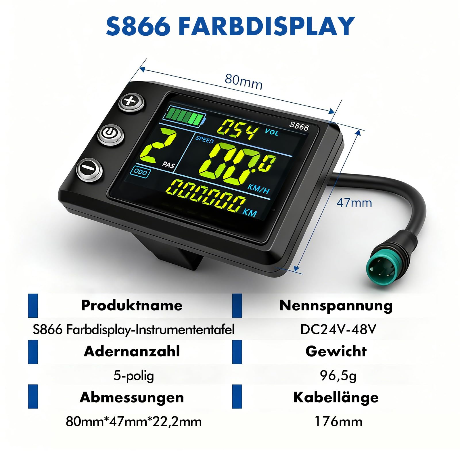 E-Bike Brushless Motor Controller Kit, 24V 36V 48V 250W 17A 3 Modus Sinuswellen Motor Controller S866 Farb LCD Display 130X Daumengas Kit für Elektrofahrrad Elektroroller